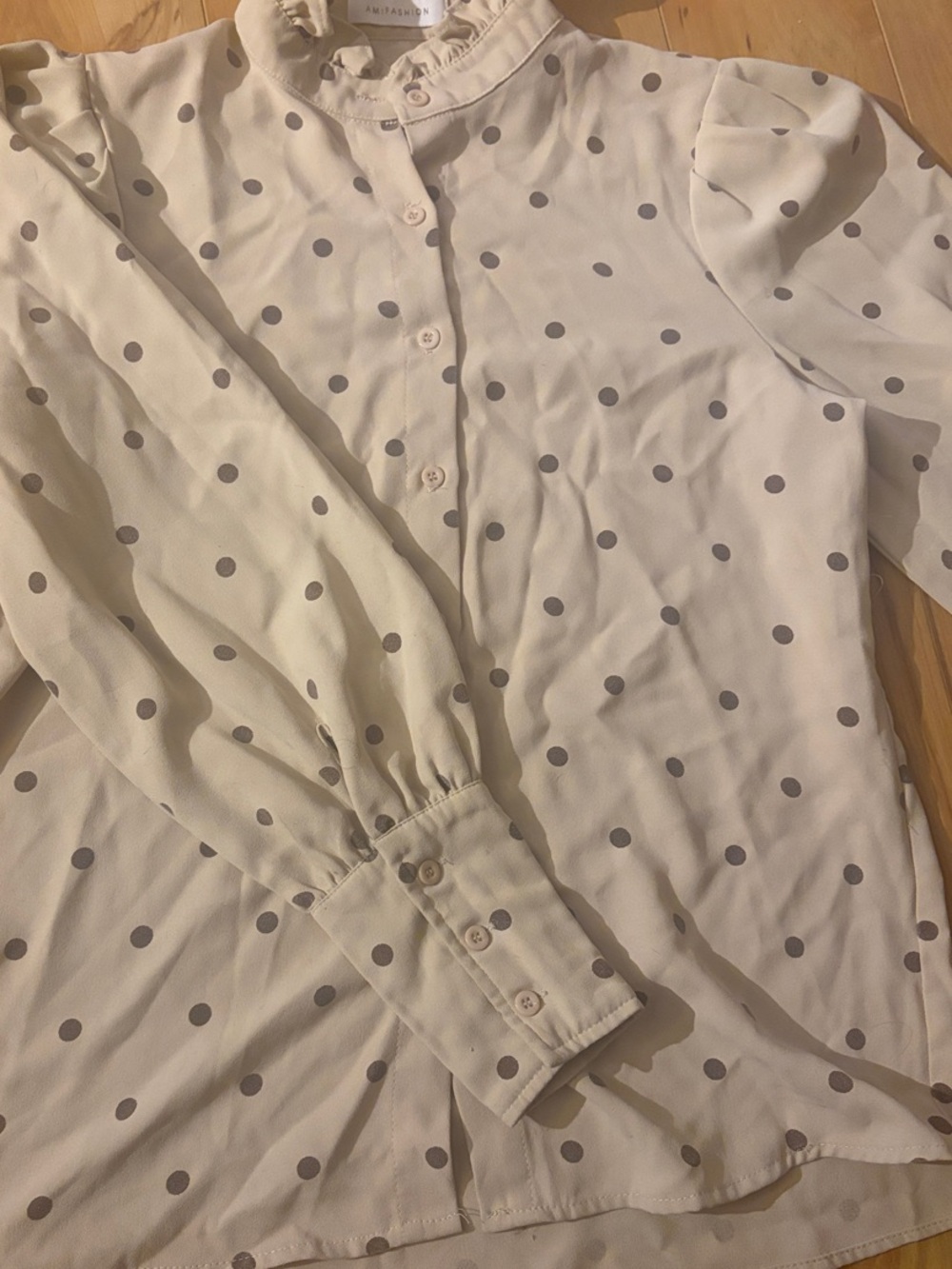 Cream Polka Dot Ruffle-Neck Blouse